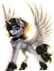 Size: 1560x2057 | Tagged: safe, artist:thatonegib, derpibooru import, oc, oc only, oc:noir, alicorn, pony, alicorn oc, glasses, horn, looking at you, smiling, solo, spread wings, unshorn fetlocks, wings