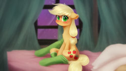 Size: 1024x576 | Tagged: safe, derpibooru import, machine learning assisted, machine learning generated, applejack, earth pony, pony, bed, blushing, clothes, cute, female, jackabetes, looking at you, mare, on bed, socks, solo