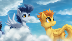 Size: 1024x576 | Tagged: safe, derpibooru import, machine learning assisted, machine learning generated, soarin', spitfire, pegasus, pony, cloud, cloudy, duo, female, male, mare, smiling, stallion