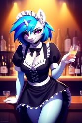 Size: 1024x1536 | Tagged: safe, derpibooru import, editor:nightluna, generator:purplesmart.ai, generator:stable diffusion, machine learning generated, dj pon-3, vinyl scratch, anthro, pony, unicorn, bar, breasts, clothes, female, glass, looking at you, maid, mare, smiling, smiling at you, solo, standing