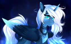 Size: 1280x788 | Tagged: safe, artist:buvanybu, derpibooru import, princess luna, alicorn, pony, blue background, blue eyes, digital art, eyeshadow, feather, female, flowing mane, folded wings, glowing, glowing eyes, horn, jewelry, logo, makeup, mare, necklace, night, simple background, solo, tail, white mane, white tail, wings