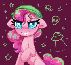 Size: 2276x2070 | Tagged: safe, artist:confetticakez, derpibooru import, pinkie pie, alien, earth pony, pony, female, grin, smiling, ufo