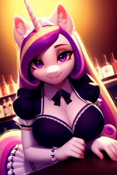 Size: 1024x1536 | Tagged: safe, derpibooru import, editor:nightluna, generator:purplesmart.ai, generator:stable diffusion, machine learning generated, princess cadance, alicorn, anthro, pony, bar, breasts, clothes, ear fluff, ears, eyebrows, eyelashes, female, looking at you, maid, mare, smiling, smiling at you, solo, standing