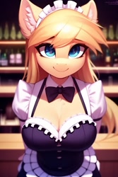 Size: 1024x1536 | Tagged: safe, derpibooru import, generator:purplesmart.ai, generator:stable diffusion, machine learning generated, oc, anthro, pony, bar, blue eyes, breasts, ear fluff, ears, eyebrows, eyelashes, female, hands behind back, looking at you, mare, smiling, smiling at you, solo, standing, unnamed oc