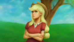 Size: 1024x576 | Tagged: safe, derpibooru import, machine learning assisted, machine learning generated, applejack, human, female, humanized, solo