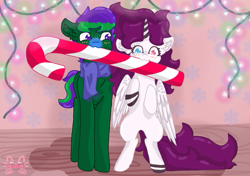 Size: 571x403 | Tagged: safe, artist:_niveria_, derpibooru import, oc, oc only, oc:niveria, alicorn, pony, alicorn oc, candy, candy cane, duo, food, horn, wings