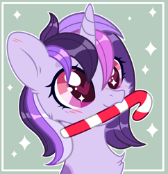 Size: 2634x2720 | Tagged: safe, artist:sarahsuresh-art, derpibooru import, oc, oc only, oc:dreaming bell, pony, unicorn, candy, candy cane, christmas, commission, cute, female, food, happy, heart, heart eyes, hearts warming day, holiday, horn, mare, ocbetes, solo, unicorn oc, wingding eyes, ych result