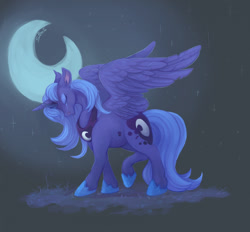 Size: 1280x1187 | Tagged: safe, artist:splooto, derpibooru import, princess luna, alicorn, pony, blue mane, blue tail, crescent moon, crying, digital art, eyes closed, eyeshadow, female, grass, gray background, hoof shoes, horn, makeup, mare, moon, night, peytral, raised hoof, raised leg, sad, simple background, solo, sparkles, stars, tail, walking, wings