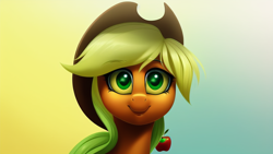 Size: 1024x576 | Tagged: safe, derpibooru import, machine learning assisted, machine learning generated, applejack, earth pony, pony, bust, female, gradient background, mare, portrait, smiling, solo