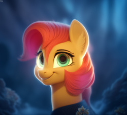 Size: 704x640 | Tagged: safe, derpibooru import, machine learning assisted, machine learning generated, babs seed, earth pony, pony, bust, female, filly, foal, portrait, smiling, solo