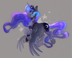 Size: 1280x1036 | Tagged: safe, artist:swoopypoolin, derpibooru import, princess luna, alicorn, pony, blue eyes, blue mane, blue tail, chest fluff, crown, ethereal mane, ethereal tail, feather, female, flowing mane, flowing tail, flying, gem, gray background, horn, jewelry, mare, regalia, sad, simple background, solo, sparkles, spread wings, stars, tail, wings