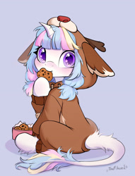 Size: 2894x3787 | Tagged: safe, artist:sofiko-ko, derpibooru import, oc, pony, unicorn, bell, clothes, cookie, costume, eating, female, filly, foal, food, horn, kigurumi, looking at you, solo, stars, unicorn oc