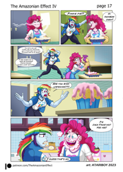 Size: 2726x3802 | Tagged: safe, artist:atariboy2600, artist:bluecarnationstudios, derpibooru import, pinkie pie, rainbow dash, human, comic:the amazonian effect, comic:the amazonian effect iv, equestria girls, breasts, canterlot high, clothes, cupcake, female, food, muscles, muscular female, pinkie being pinkie, rainboob dash, rainbuff dash, shoes