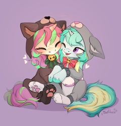 Size: 1151x1200 | Tagged: safe, artist:sofiko-ko, derpibooru import, oc, oc only, pony, unicorn, animal costume, bell, blushing, bunny costume, clothes, commission, costume, cute, hug, kigurumi, nuzzling, onesie, pajamas, ych result