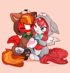 Size: 1151x1200 | Tagged: safe, artist:sofiko-ko, derpibooru import, oc, oc only, alicorn, pegasus, pony, animal costume, bell, blushing, bunny costume, clothes, commission, costume, cute, hug, kigurumi, nuzzling, onesie, pajamas, ych result