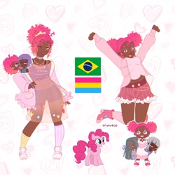 Size: 2048x2048 | Tagged: safe, artist:cryweas, derpibooru import, limestone pie, marble pie, maud pie, pinkie pie, earth pony, human, pony, alternate hairstyle, boots, brazil, choker, clothes, cute, dark skin, diapinkes, dress, ear piercing, earring, eyeshadow, female, freckles, high heel boots, hoodie, humanized, jewelry, makeup, mare, mismatched socks, one eye closed, pansexual, pansexual pride flag, piercing, pride, pride flag, shoes, shorts, skirt, sneakers, socks, sports bra, sports shorts, stockings, striped socks, thigh highs, wink
