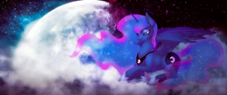 Size: 2560x1080 | Tagged: safe, artist:limreiart, derpibooru import, princess luna, alicorn, pony, beautiful, blue eyes, blue tail, cloud, commission, ethereal mane, ethereal tail, eyeshadow, feather, female, flowing mane, flowing tail, frown, high res, hoof shoes, horn, looking down, lying down, makeup, mare, moon, night, sad, solo, space, sparkles, starry mane, starry tail, stars, tail, unamused, wings