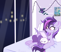 Size: 3900x3300 | Tagged: safe, artist:piterpank, derpibooru import, oc, oc only, oc:dreaming bell, cat, pony, unicorn, bed, book, commission, cute, female, horn, lying down, lying on bed, mare, ocbetes, on bed, pillow, reading, room, solo, two toned coat, unicorn oc, window, ych result