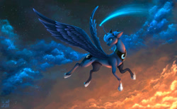 Size: 1280x791 | Tagged: safe, artist:das_leben, derpibooru import, princess luna, alicorn, pony, beautiful, blue eyes, blue mane, blue tail, cloud, crepuscular rays, crescent moon, crown, digital art, feather, female, flowing mane, flowing tail, flying, hoof shoes, horn, jewelry, large wings, lipstick, logo, looking up, mare, moon, night, peytral, regalia, scenery, sky, solo, sparkles, spread wings, stars, tail, wings