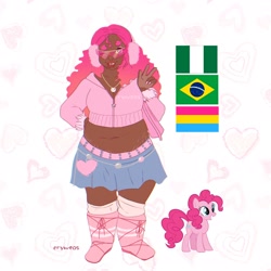 Size: 2048x2048 | Tagged: safe, artist:cryweas, derpibooru import, pinkie pie, earth pony, human, pony, alternate hairstyle, bag, belly button, belt, boots, brazil, chubby, clothes, cute, dark skin, diapinkes, female, freckles, hoodie, humanized, jewelry, mare, midriff, nail polish, necklace, one eye closed, pansexual, pansexual pride flag, peace sign, pride, pride flag, shoes, skirt, socks, stockings, sunglasses, thigh highs, wink