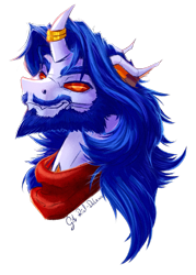 Size: 1051x1467 | Tagged: safe, artist:thatonegib, derpibooru import, oc, oc only, changedling, changeling, bandana, beard, bust, changedling oc, changeling oc, facial hair, horn, horn ring, long hair, looking at you, portrait, ring, signature, simple background, smiling, solo, transparent background