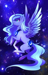 Size: 815x1280 | Tagged: safe, artist:perlenfuchs, derpibooru import, princess luna, alicorn, pony, blue eyes, blue mane, blue tail, digital art, feather, female, flowing mane, flowing tail, flying, glowing, horn, looking up, mare, night, open mouth, solo, space, sparkles, spread wings, stars, tail, unshorn fetlocks, wings