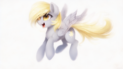 Size: 1024x576 | Tagged: safe, derpibooru import, machine learning assisted, machine learning generated, derpy hooves, pegasus, pony, cute, female, flying, mare, open mouth, simple background, solo, white background