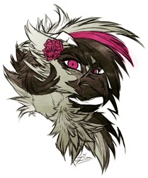 Size: 1117x1336 | Tagged: safe, artist:thatonegib, derpibooru import, oc, oc:alz riel-delano, griffon, bust, flower, frown, griffon oc, horns, long hair, looking at you, multicolored hair, portrait, rose, scar, scared, solo