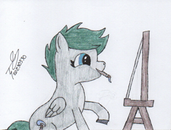 Size: 815x620 | Tagged: safe, artist:alejandrogmj, derpibooru import, oc, oc only, pegasus, pony, painting, raised hoof, raised leg, traditional art