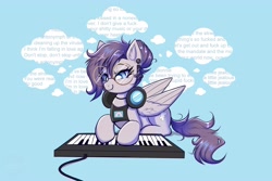 Size: 4096x2731 | Tagged: safe, artist:confetticakez, derpibooru import, oc, oc only, oc:vylet, pegasus, pony, antonymph, blue background, ear piercing, earring, female, glasses, headphones, jewelry, keyboard, lying down, lyrics, musical instrument, pegasus oc, piano, piercing, prone, simple background, text, thought bubble, vylet pony