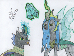 Size: 815x620 | Tagged: safe, artist:alejandrogmj, derpibooru import, queen chrysalis, oc, oc:alejandrogmj, changeling, changeling queen, the ending of the end, bell, changeling oc, grogar's bell, traditional art, ultimate chrysalis