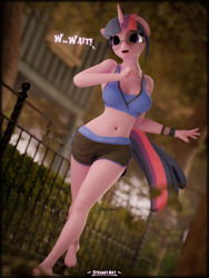 Size: 2880x3840 | Tagged: safe, artist:steamyart, derpibooru import, sci-twi, twilight sparkle, anthro, plantigrade anthro, unicorn, 3d, barefoot, blender, feet, glasses, running, solo, sweat, text, workout outfit