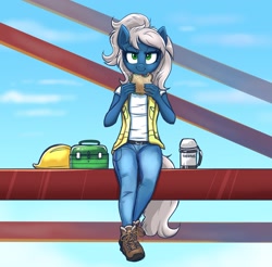 Size: 2048x2017 | Tagged: safe, artist:confetticakez, derpibooru import, oc, oc only, anthro, plantigrade anthro, anthro oc, clothes, construction, construction pony, female, food, hard hat, hat, sandwich