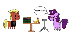 Size: 1227x651 | Tagged: safe, artist:equestriaguy637, derpibooru import, oc, oc:aramau, oc:firebrand, oc:weasley the cat, cat, pony, amused, aramau is amused, camera, clothes, firebrand is amused, glasses, jacket, photobomb, pointy ponies, simple background, speech, speech bubble, talking, transparent background