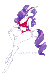 Size: 600x815 | Tagged: safe, artist:vautaryt, derpibooru import, part of a set, rarity, anthro, unguligrade anthro, unicorn, bikini, breasts, cleavage, clothes, female, red swimsuit, simple background, solo, sunglasses, sunglasses on head, swimsuit, transparent background