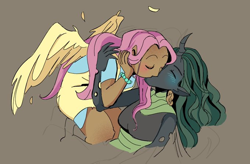 Size: 680x447 | Tagged: safe, artist:stevetwisp, derpibooru import, fluttershy, queen chrysalis, human, blushing, chrysashy, eyes closed, female, humanized, kissing, lesbian, moderate dark skin, shipping, winged humanization, wings