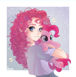 Size: 2806x2852 | Tagged: safe, artist:eiirine, derpibooru import, pinkie pie, human, original species, big lashes, bust, clothes, curly hair, curly mane, denim, eyelashes, female, fluffy, hug, humanized, jeans, light skin, looking at you, looking back, looking back at you, mare, open mouth, open smile, pants, plush pony, plushie, portrait, shirt, smiling, smiling at you, solo, t-shirt