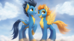 Size: 1024x576 | Tagged: safe, derpibooru import, machine learning assisted, machine learning generated, soarin', spitfire, pegasus, pony, clothes, cute, duo, female, male, mare, open mouth, stallion, uniform, wonderbolts, wonderbolts uniform