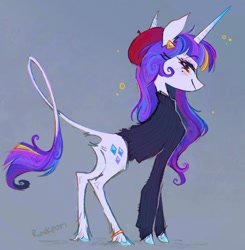 Size: 880x899 | Tagged: safe, artist:lutraviolet, derpibooru import, rarity, pony, unicorn, beatnik rarity, beret, butt, clothes, gray background, hat, leonine tail, looking at you, plot, redesign, simple background, solo, sweat, sweater, tail