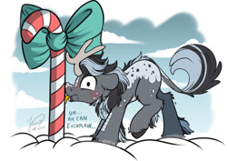 Size: 1063x752 | Tagged: safe, artist:julunis14, derpibooru import, oc, oc only, oc:charcoal, kirin, male, solo, stallion, stuck, tongue, tongue out, tongue stuck to pole, winter