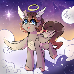 Size: 2500x2500 | Tagged: safe, artist:dark-reaper-0, derpibooru import, angel, angel pony, original species, pony, cloud, halo, head wings, high res, on a cloud, one wing out, open mouth, raised leg, signature, sky, solo, standing on a cloud, stars, wings