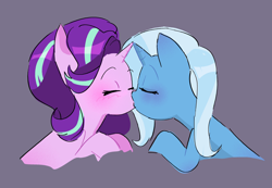 Size: 1674x1160 | Tagged: safe, artist:stevetwisp, derpibooru import, starlight glimmer, trixie, pony, unicorn, blushing, eyes closed, female, horn, kissing, lesbian, shipping, simple background, startrix