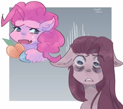 Size: 3600x3200 | Tagged: safe, artist:dmitrymemovznok, derpibooru import, pinkie pie, pony, duo, female, food, peach, pinkamena diane pie, self paradox, self ponidox, solo