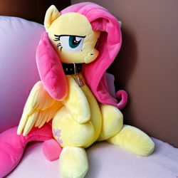 Size: 3072x3072 | Tagged: safe, derpibooru import, generator:purplesmart.ai, generator:stable diffusion, machine learning generated, fluttershy, bed, collar, pillow, plushie