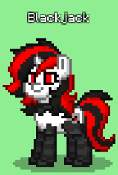 Size: 552x816 | Tagged: safe, derpibooru import, oc, oc:blackjack, cyborg, pony, unicorn, fallout equestria, fallout equestria: project horizons, collar, cybernetic legs, cyborg pony, fanfic art, green background, pony town, simple background, solo