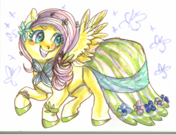 Size: 2157x1656 | Tagged: safe, artist:temary03, derpibooru import, fluttershy, pegasus, pony, abstract background, clothes, dress, female, flower, flower in hair, gala dress, mare, solo, spread wings, traditional art, wings