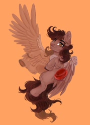 Size: 2508x3508 | Tagged: safe, artist:hokiart22, derpibooru import, oc, oc only, oc:autumn rosewood, pegasus, pony, beret, flying, hat, looking at you, male, orange background, pegasus oc, simple background, solo, spread wings, stallion, underhoof, wings