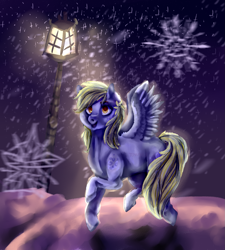 Size: 1613x1796 | Tagged: safe, artist:temary03, derpibooru import, derpy hooves, pegasus, pony, female, lantern, mare, night, smiling, snow, solo, underp, winter