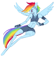 Size: 1280x1378 | Tagged: safe, artist:vautaryt, derpibooru import, rainbow dash, anthro, pegasus, unguligrade anthro, armband, clothes, fingerless gloves, flying, gloves, midriff, shorts, simple background, solo, transparent background