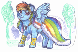 Size: 800x534 | Tagged: safe, artist:temary03, derpibooru import, rainbow dash, pegasus, pony, abstract background, clothes, dress, female, gala dress, mare, rainbow dash always dresses in style, simple background, smiling, solo, traditional art, white background